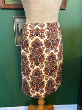 J. Crew Cream Paisley Pencil Skirt with Orange and Purple Accents